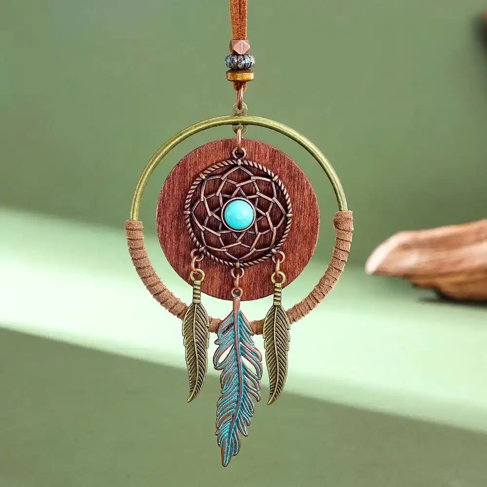 Long bohemian turquoise pendant necklace in dark copper, copper, silver & silver bright. Ethnic-inspired metalwork, lightweight chain. Ships from Pedlar's Attic.