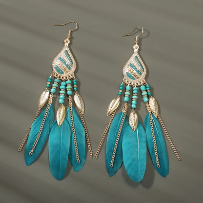Boho Long Feather Dangle Women's Earrings Beach Long Tassel Beads Handmade Flower Enamel Earrings Bride Wedding Pendientes Mujer