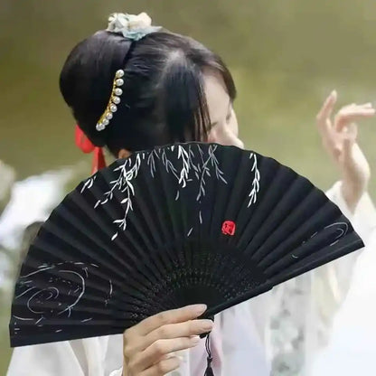 Elegant Essence Bamboo Silk Fan - Chic Black Folding Hand Fan for Dance & Summer Parties, Ideal Gift for Women - Pedlar's Attic
