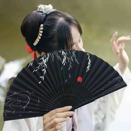 Chinese Fan Hand Folding Fan Bamboo Silk Women Black Fan Summer Female Dance Hand Folding Fan Party Gift Hand Fans For Women - Pedlar's Attic