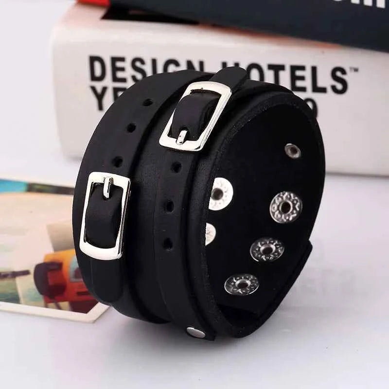 European and American Export Jewelry Punk Bracelet Jewelry Wholesale Wide Leather Genuine Leather Bracelet Men's Cowhide Bracelet