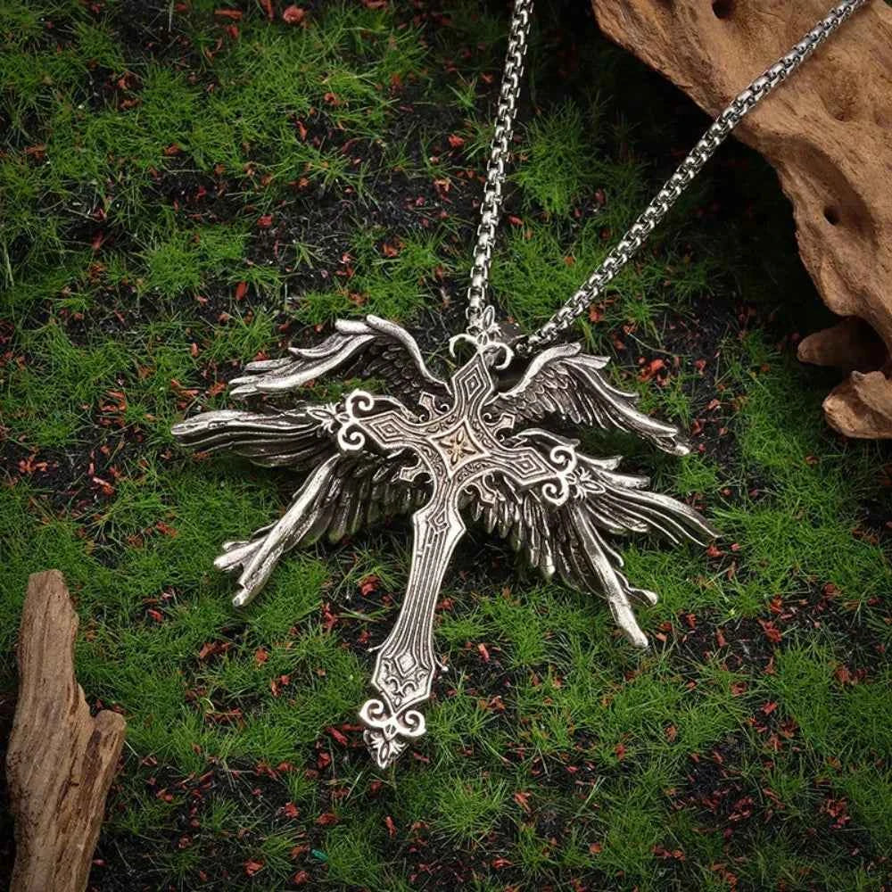 Retro Gothic Jesus Wings Cross Pendant Necklace