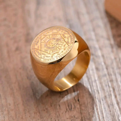 Vnox Seven Seals of Angels Rings for Men, Round Top Stamp Finger Band, Metatron Cube Stamp Ring, Chunky Punk Jewelry - Pedlar's Attic