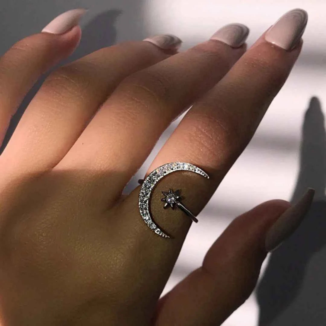 2025 New Silver color Star and Moon Open Ring (One Piece) Irregular Rhinestone Design - Fashionable Starry Sky Style Accessories