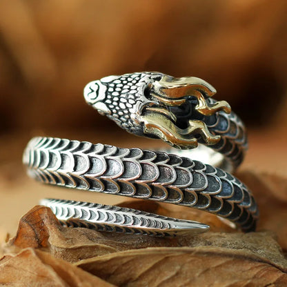 Buyee 925 Sterling Silver Male Big Ring Horned snake Open Ring Finger for Men Women Fashion Unique Rock Punk Fine Jewelry Circle