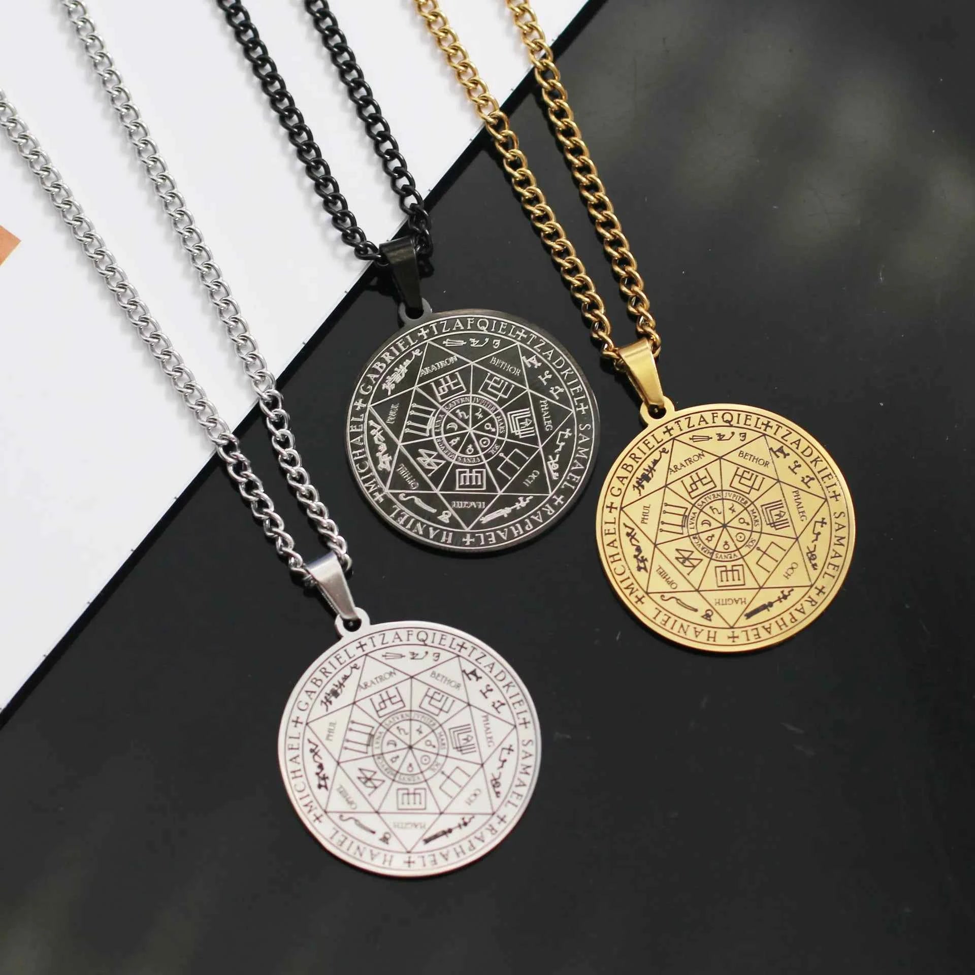 Necklace for Men Seven Archangels Pendant Solomon 7 Archangels Sigil Amulet Necklace Men Simple Stainless Steel Chain Jewelry