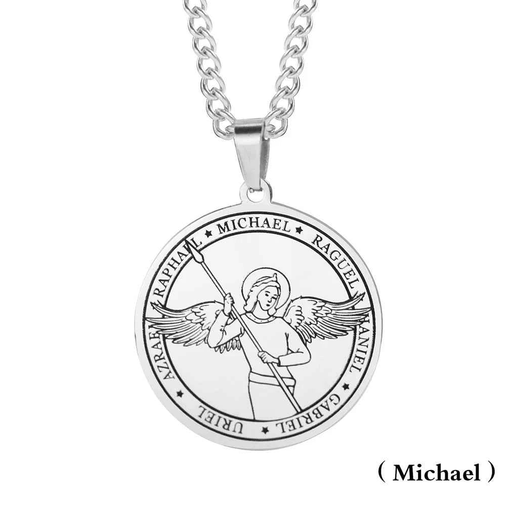 Religious Azrael Gabriel Raphael Uriel Michael Archangel Angel Wing Medal Stainless Steel Pendant Necklace Jewelry