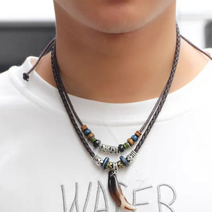 Ethnic Wolf Tooth Necklace Vintage Tribal Leather Braided Beaded Neck Chain Accessory Multi-layer Dogtooth Pendant Jewelry Gifts