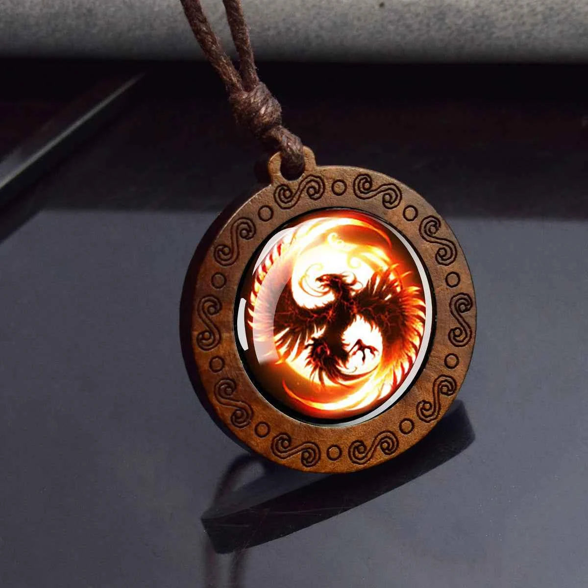Vintage Flaming Phoenix Wooden Pendant Necklace