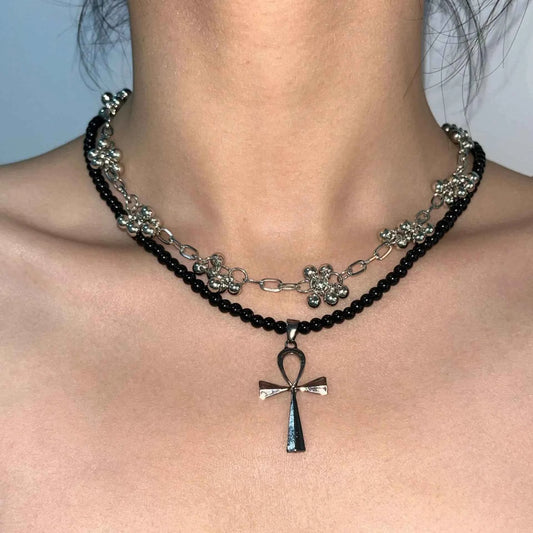 2026Punk Y2K Black Crystal Cross Pendant Necklace for Women Vintage Multi Layer Beads Choker Goth 90s EMO Charm Jewelry Gift
