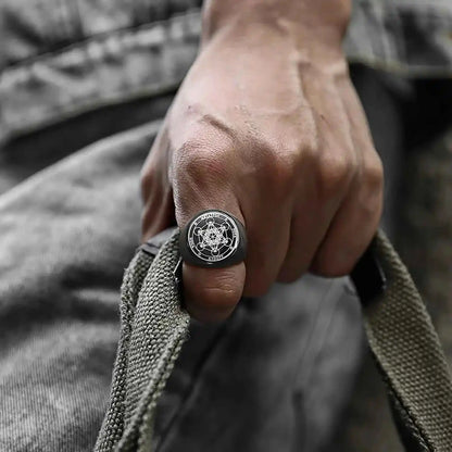 Vnox Seven Seals of Angels Rings for Men, Round Top Stamp Finger Band, Metatron Cube Stamp Ring, Chunky Punk Jewelry - Pedlar's Attic