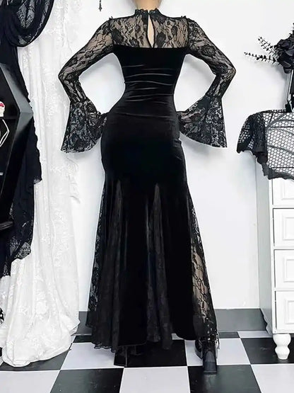 AltGoth Gothic Midi Dress - Elegant Lace Patchwork & Sheer Flare Sleeves, High-Waisted Clubwear for a Stunning Look - Pedlar's Attic