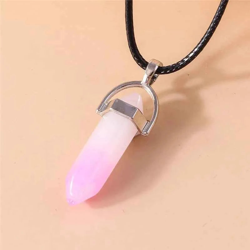 Natural Stone Quartz Lapis Opal Amethyst Pink Crystal Stone Hexagonal Column Pendant Necklaces