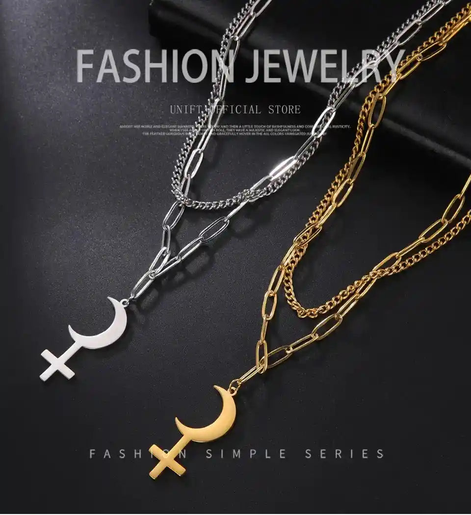 Vintage Black Moon Lilith Pendant Necklace Crescent Moon Cross Double Layer Necklace - Pedlar's Attic