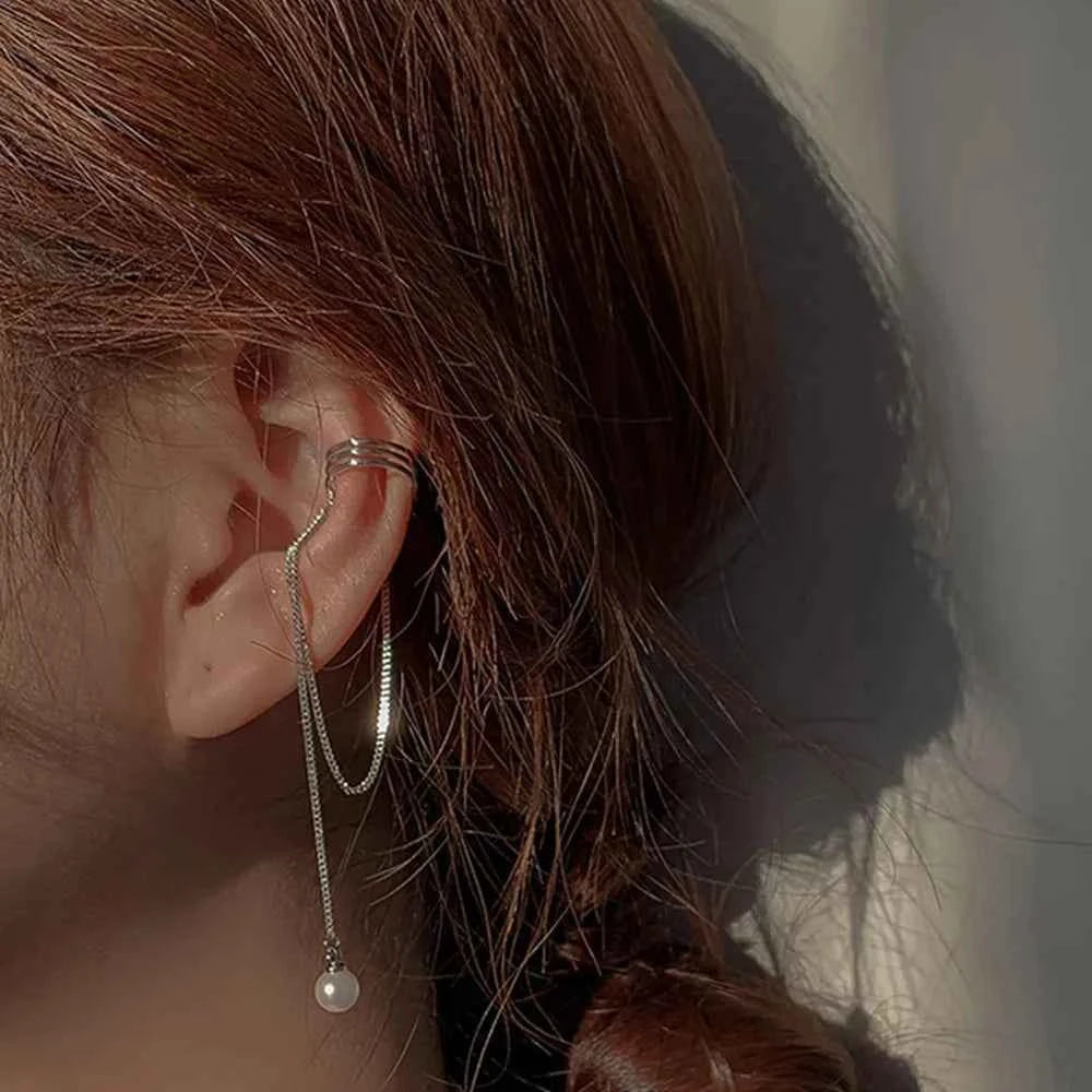 Shiny Silver Crystal Tassel Cuff Earring - Non-Piercing Rhinestone Star Clip-On Jewelry for Women - Pedlar's Attic