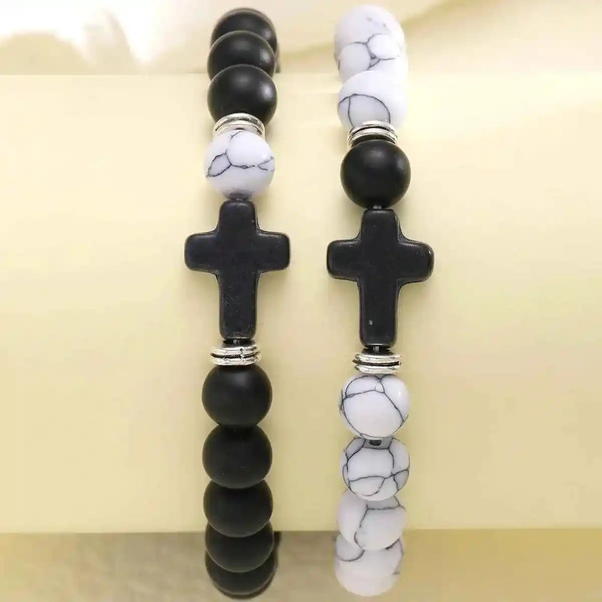 Black Cross, Black and White Bead Chain Bracelet Set Two-Piece - Pedlar's Attic