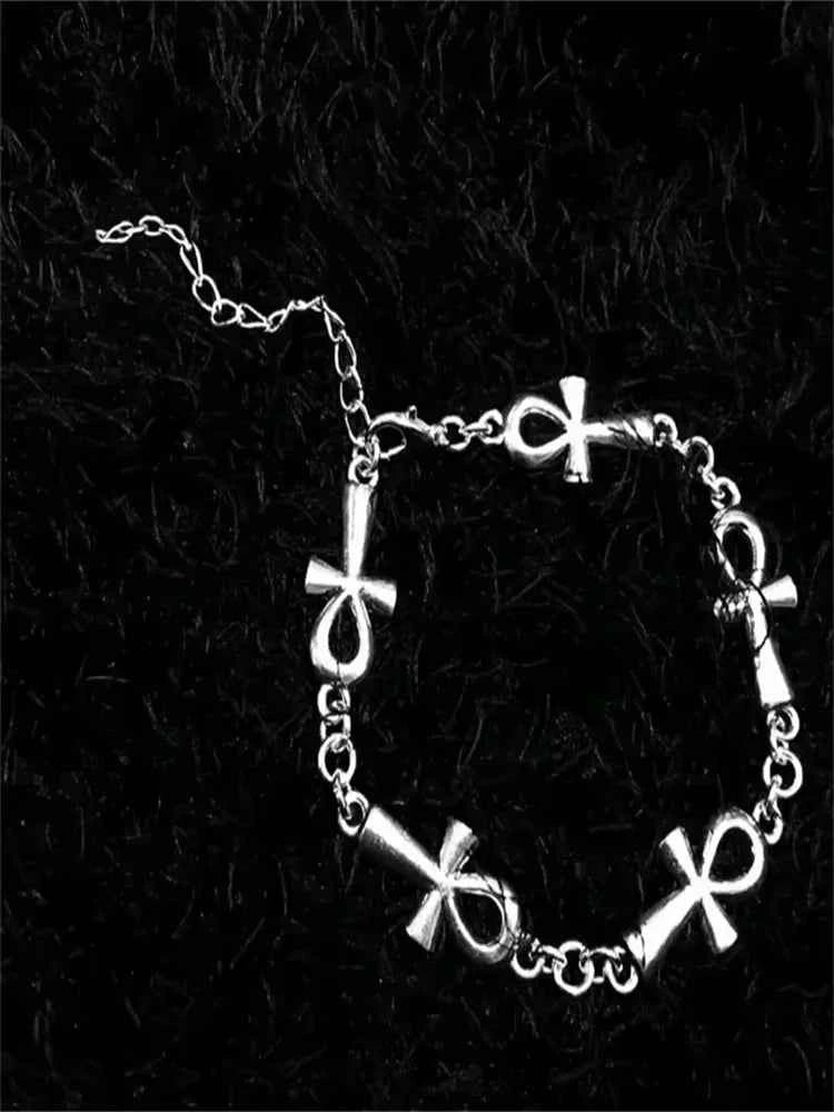 Ankh Charm Bracelet - Gothic Vampire Jewelry with Victorian Cross Links for Wicca Enthusiasts - Pedlar's Attic