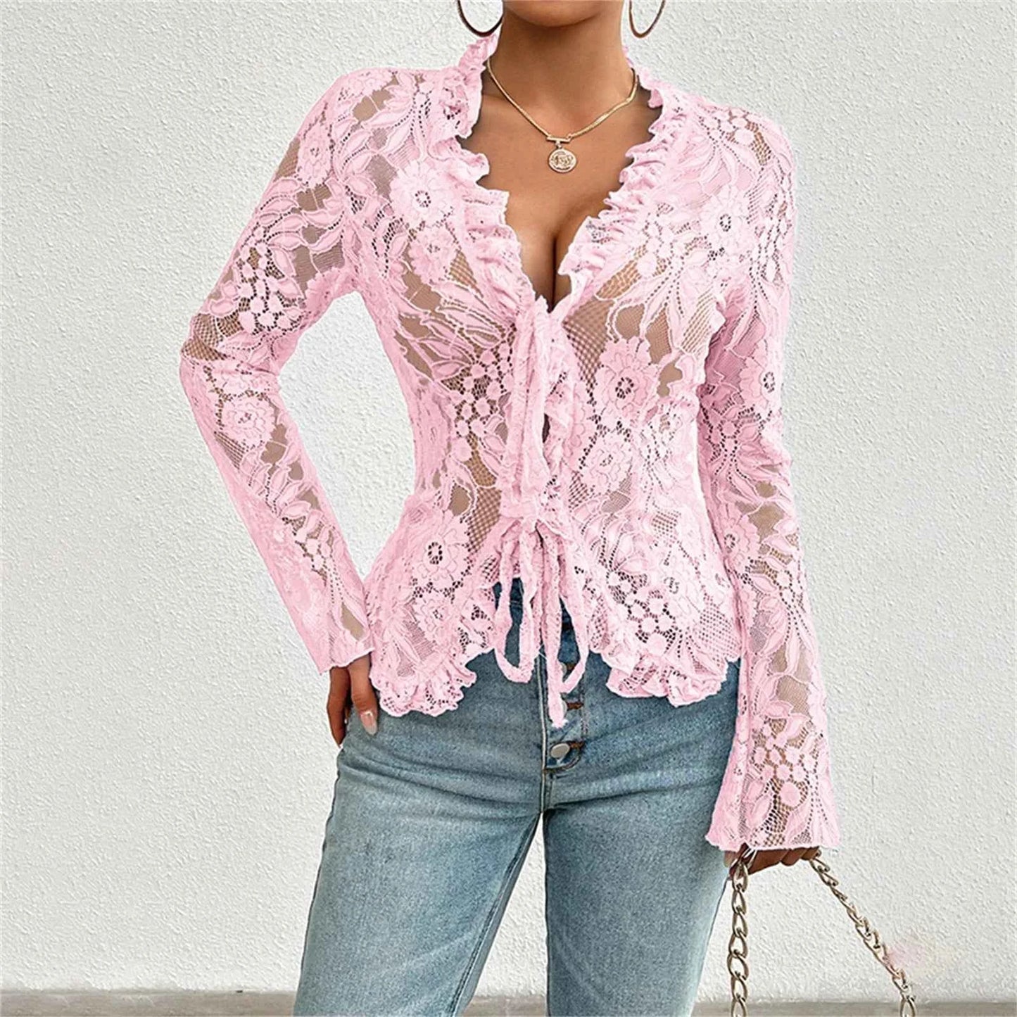 Sexy Women Mesh Lace T-Shirts Long Sleeve Tops Transparent Casual Sheer Basic Tie Front Shirt Blouses for Club Aesthetic Clothes - Pedlar's Attic
