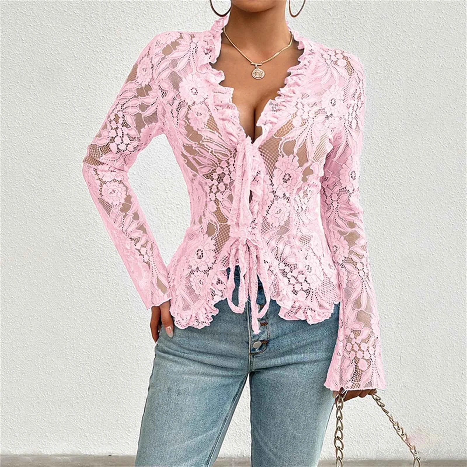 Sexy Women Mesh Lace T-Shirts Long Sleeve Tops Transparent Casual Sheer Basic Tie Front Shirt Blouses for Club Aesthetic Clothes - Pedlar's Attic