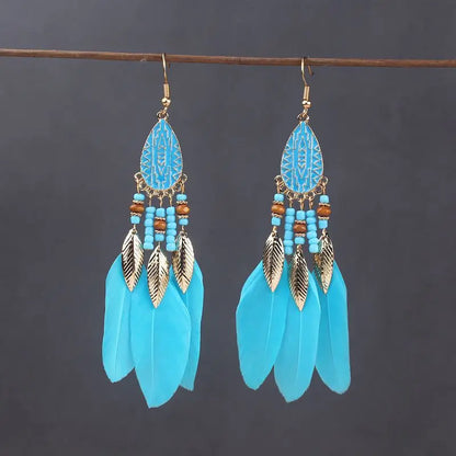 Boho Long Feather Dangle Women's Earrings Beach Long Tassel Beads Handmade Flower Enamel Earrings Bride Wedding Pendientes Mujer