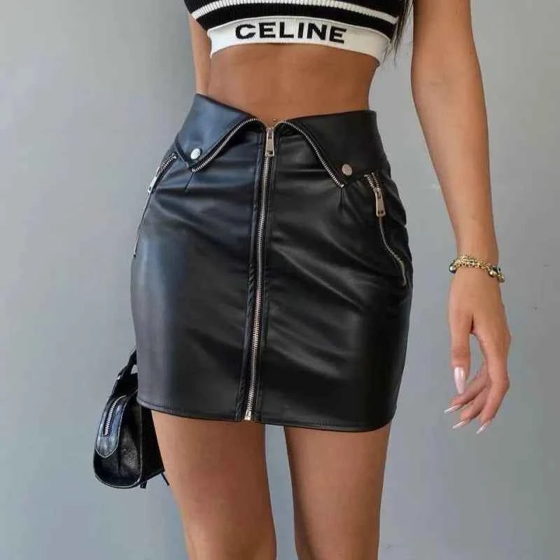 Candyhot Sexy Y2K PU Leather Zipper Casual Skirt Chic Multi Zip Fashion Slim Hip Skirts Summer Club Party High-waist Mini Dress - Pedlar's Attic