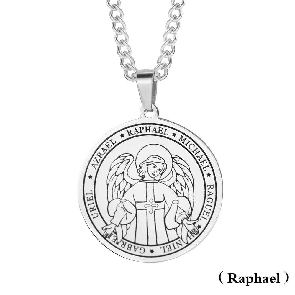 Religious Azrael Gabriel Raphael Uriel Michael Archangel Angel Wing Medal Stainless Steel Pendant Necklace Jewelry