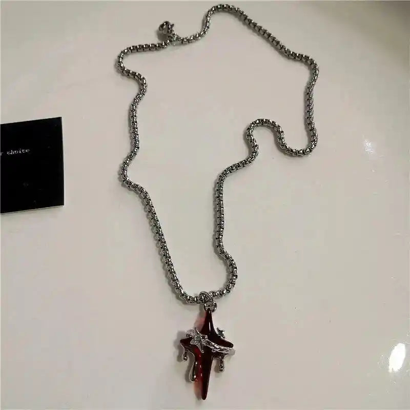 Black Star Cross, Red Heart Pendant, Ghost Claw Choker, Chain Necklace, Goth Vintage Grunge EMO Accessories - Pedlar's Attic