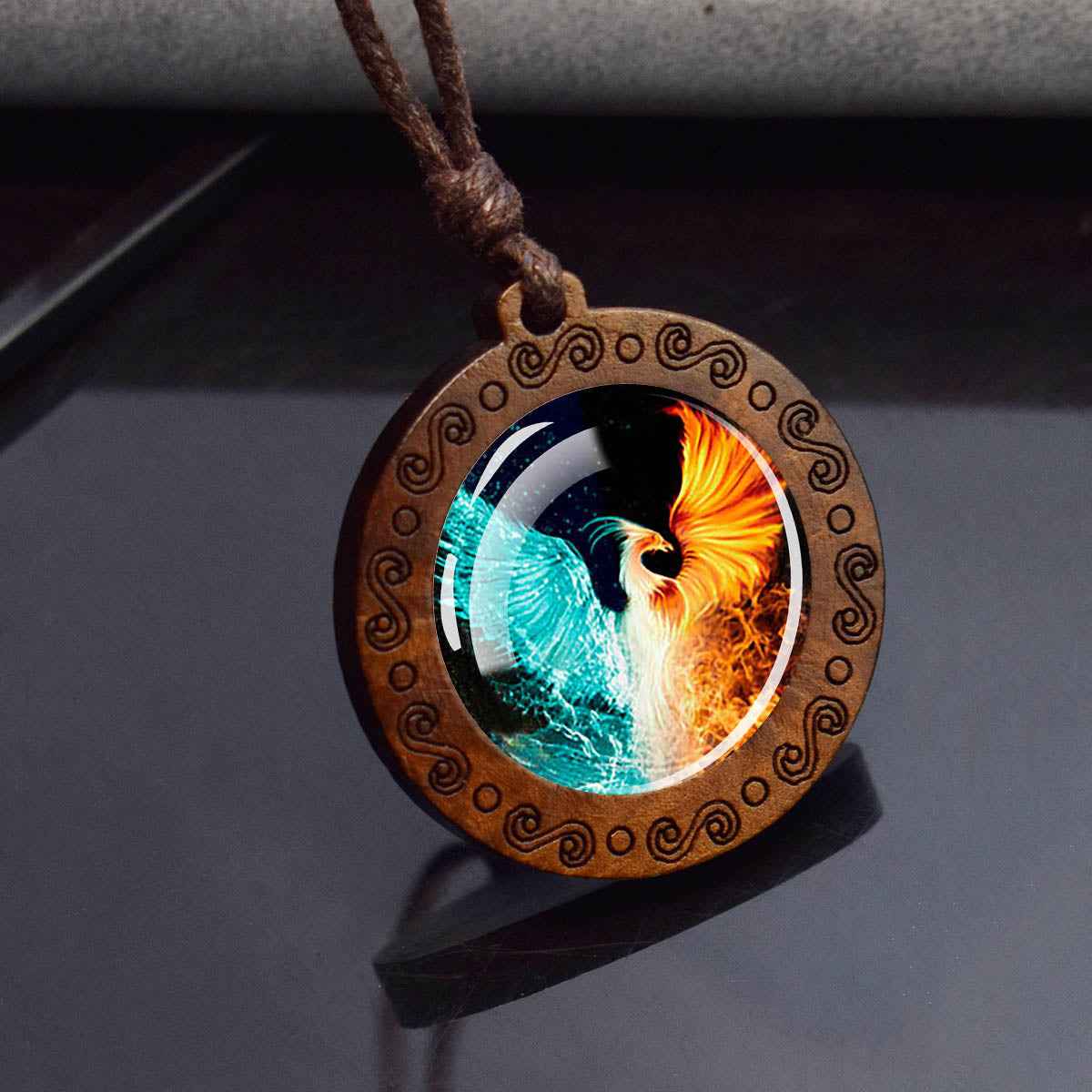 Vintage Flaming Phoenix Wooden Pendant Necklace