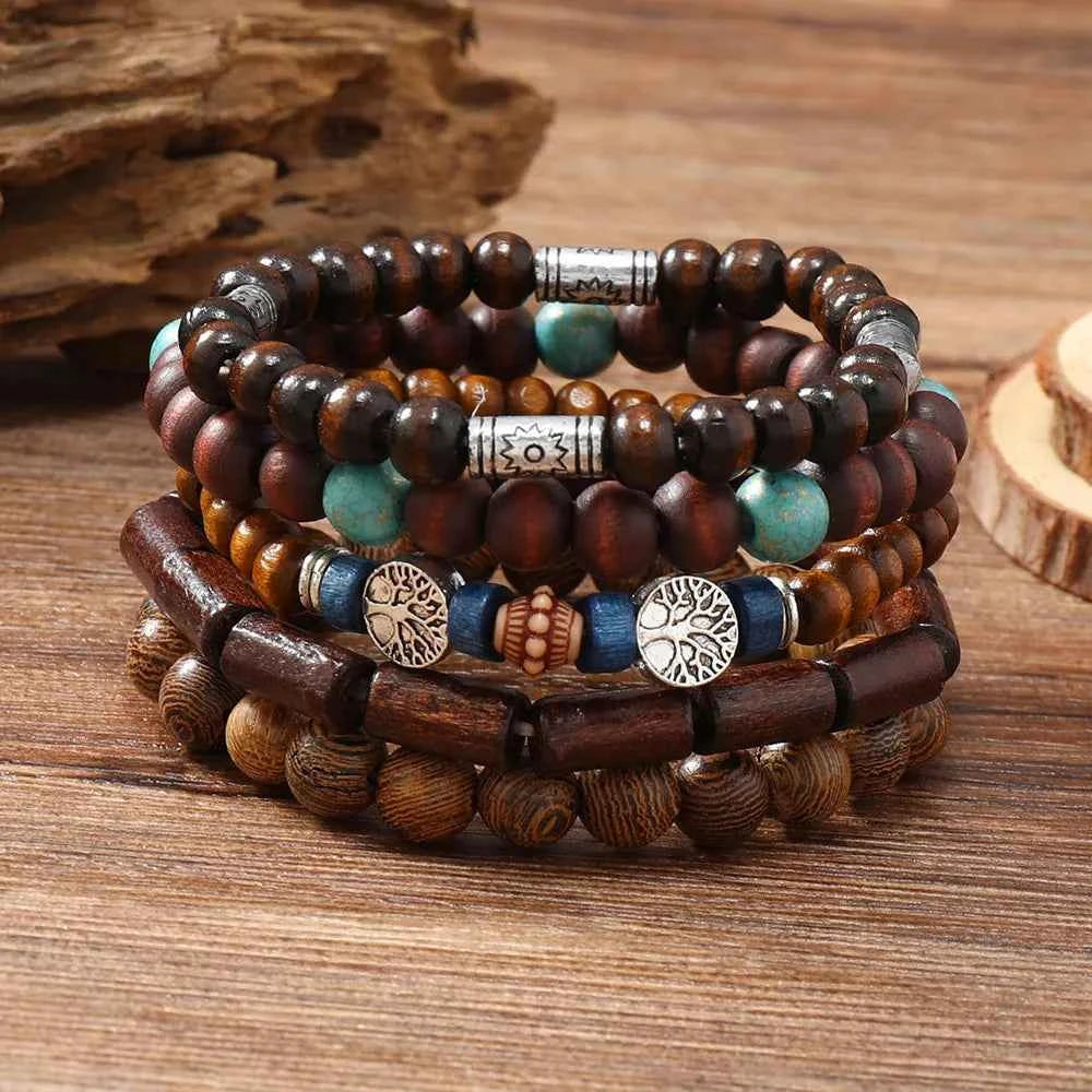 Ethnic 4-5pc/set wood bead tree Cactus Charms bracelets