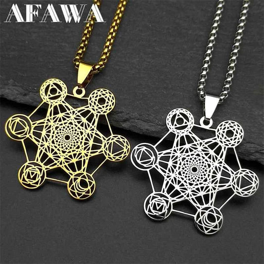 Yoga Hindu Buddhism 7 Chakra Stainless Steel Pendant Necklace Sacred Geometry Hollow Angel Seal Metatron Symbol Chain Jewelry