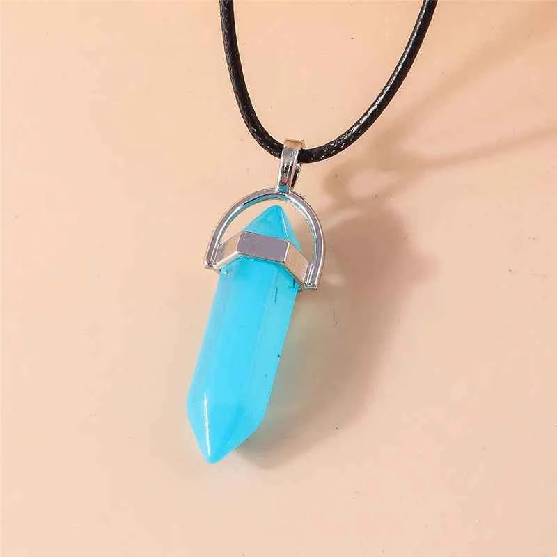 Natural Stone Quartz Lapis Opal Amethyst Pink Crystal Stone Hexagonal Column Pendant Necklaces