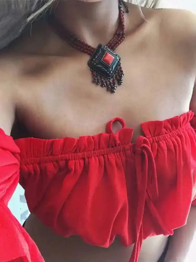 Sun & Spell – Ruched Lantern Sleeve Strapless Crop Top
