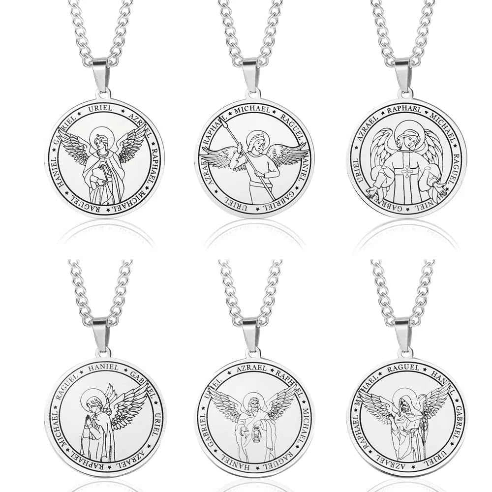 Religious Azrael Gabriel Raphael Uriel Michael Archangel Angel Wing Medal Stainless Steel Pendant Necklace Jewelry