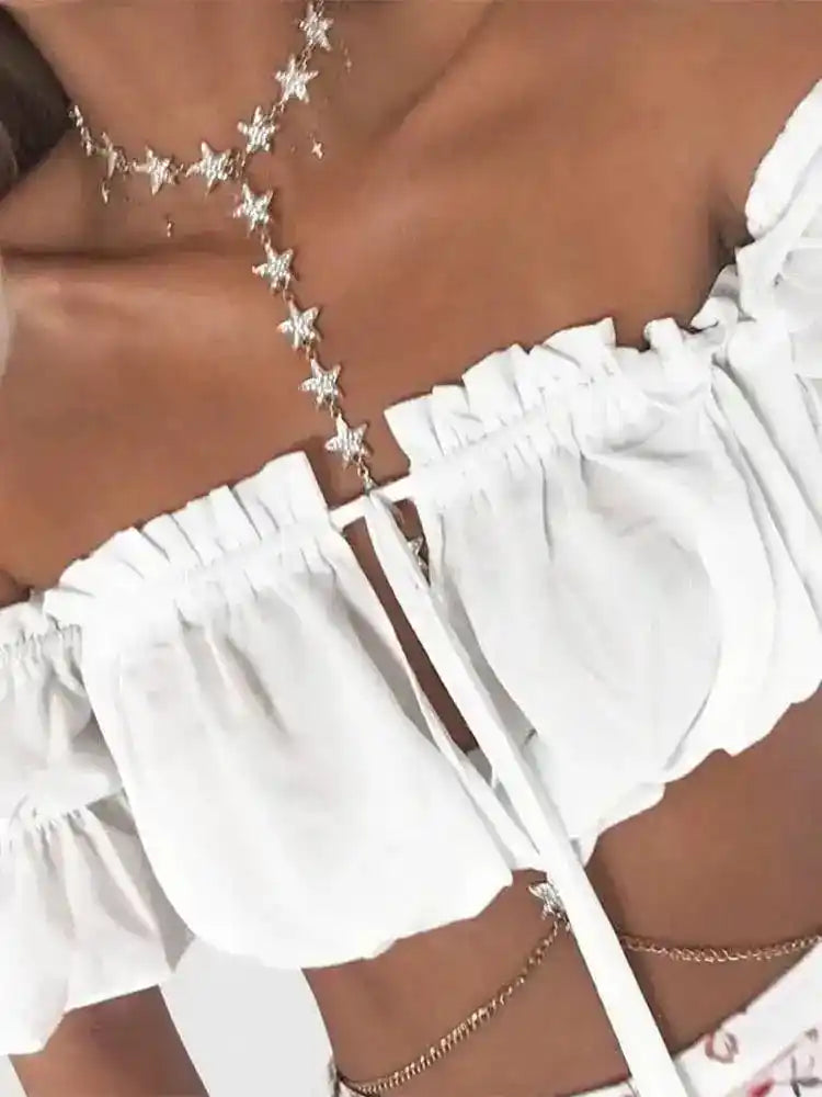 Sun & Spell – Ruched Lantern Sleeve Strapless Crop Top