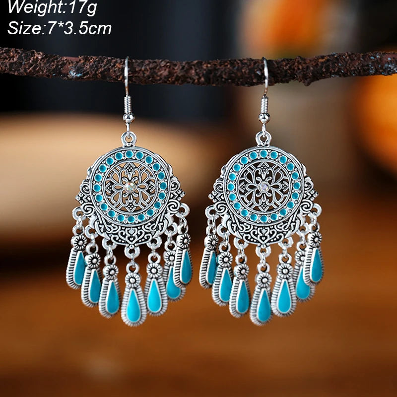 Blue Fashion Boho Temperament Water Drop Feather Earrings for Women Long Crystal Rhinestone Drop Oil Dangle Earring Jewelry