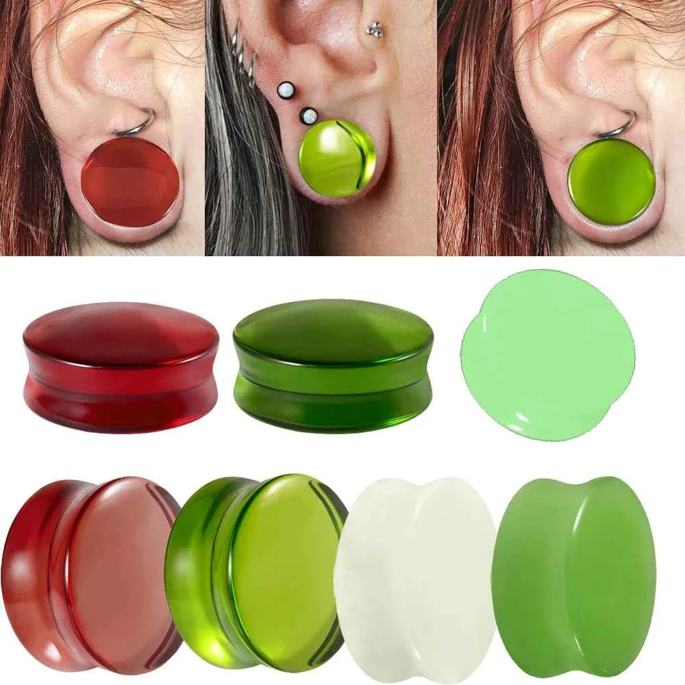 2PCS Fashin Waist Drum Green/Red Glass Ear Tunnel&Plugs Round Night Light Solid Ear Expander Strengthed Ear Weight Body Jewelry - Pedlar's Attic