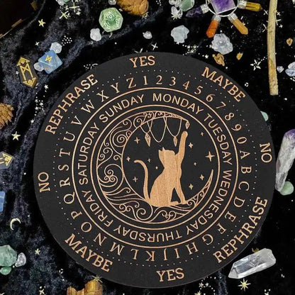 Mystic Moon Spirit Cat Pendulum Board Black Round Magics Meditation Decision Plate Metaphysical Healing Witch Beginners giftware - Pedlar's Attic
