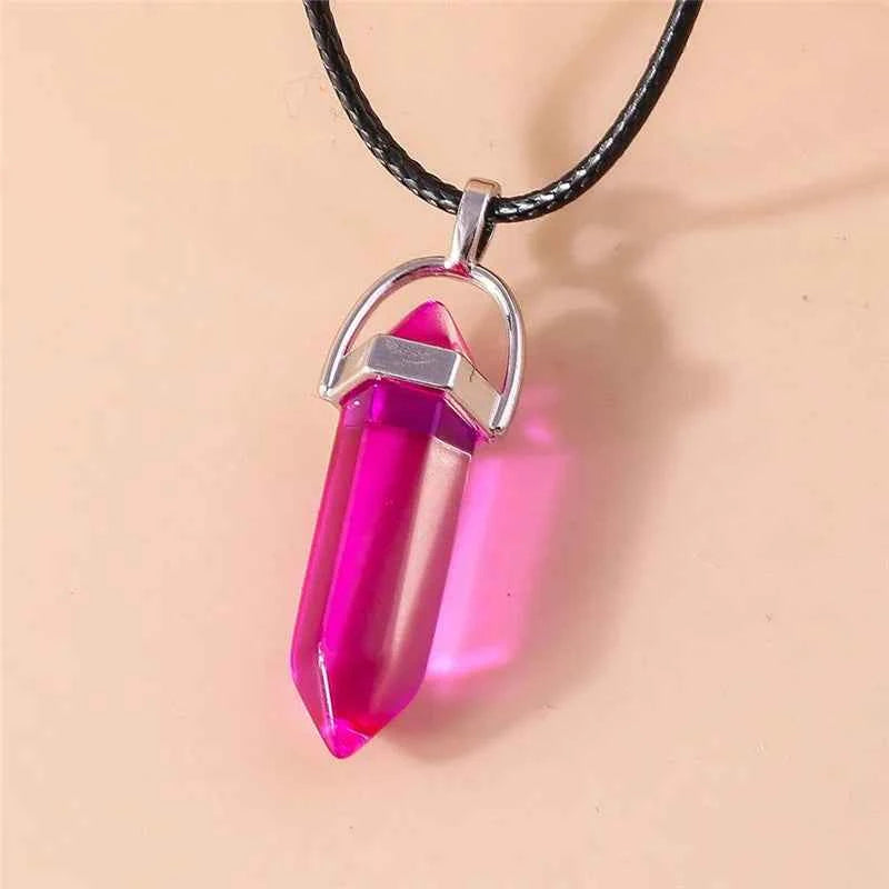 Natural Stone Quartz Lapis Opal Amethyst Pink Crystal Stone Hexagonal Column Pendant Necklaces