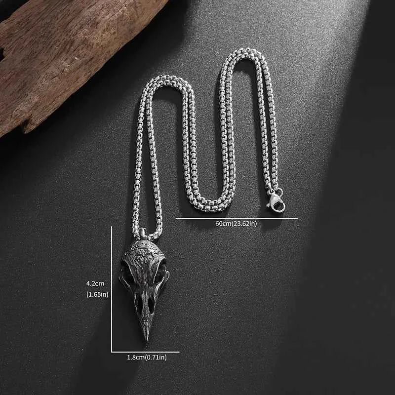 Gothic Vintage Norse Gods Odin Raven Skull Pendant Necklace
