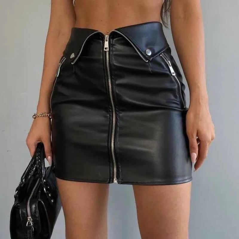 Candyhot Sexy Y2K PU Leather Zipper Casual Skirt Chic Multi Zip Fashion Slim Hip Skirts Summer Club Party High-waist Mini Dress - Pedlar's Attic