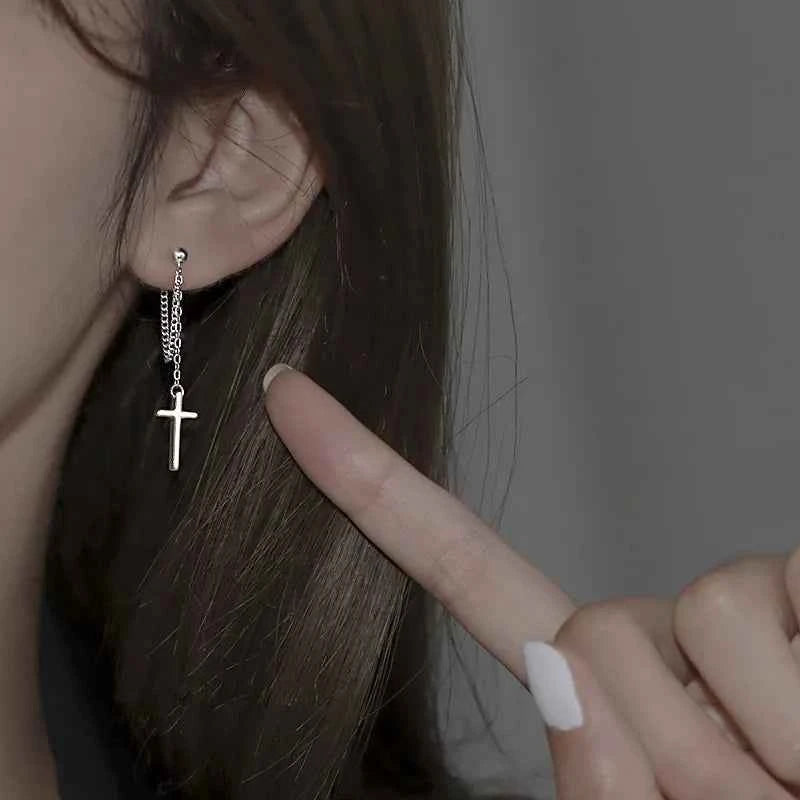 Punk Silver Gothic Cross Drop Earrings - Long Tassel Design for Bold Style | Unisex Jewelry Gift - Pedlar's Attic