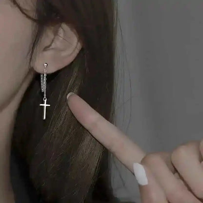 Punk Silver Gothic Cross Drop Earrings - Long Tassel Design for Bold Style | Unisex Jewelry Gift - Pedlar's Attic