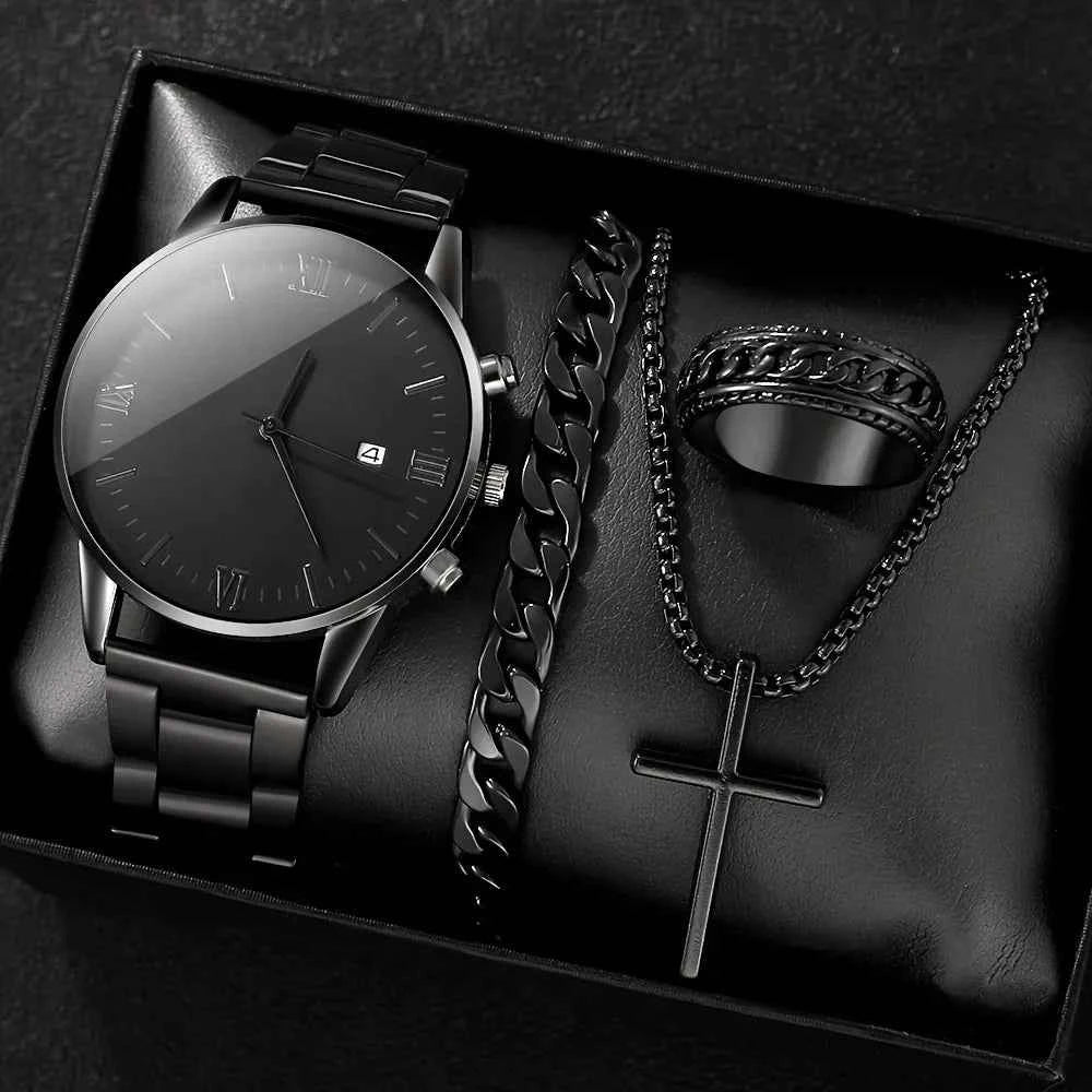 4-piece/set men's black minimalist quartz watch set