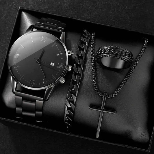 4-piece/set men's black minimalist quartz watch set