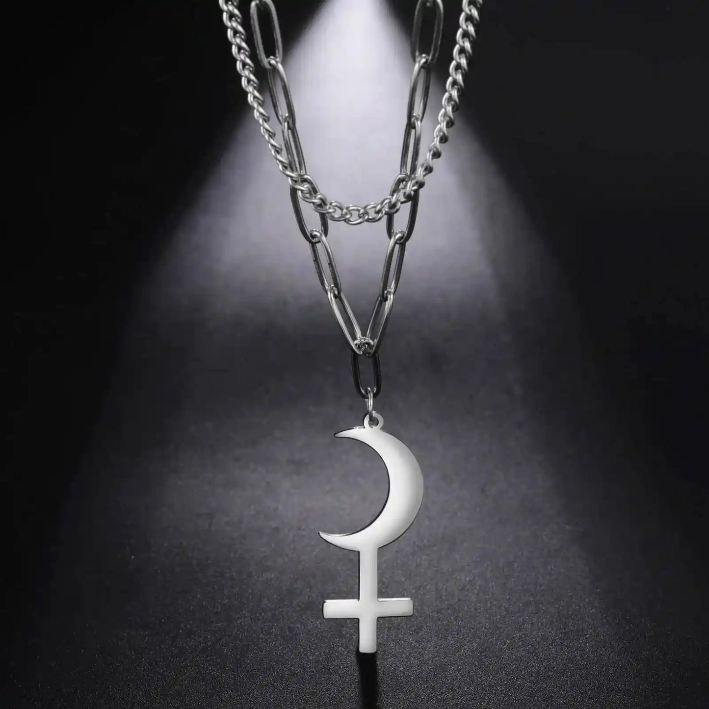 Vintage Black Moon Lilith Pendant Necklace Crescent Moon Cross Double Layer Necklace - Pedlar's Attic