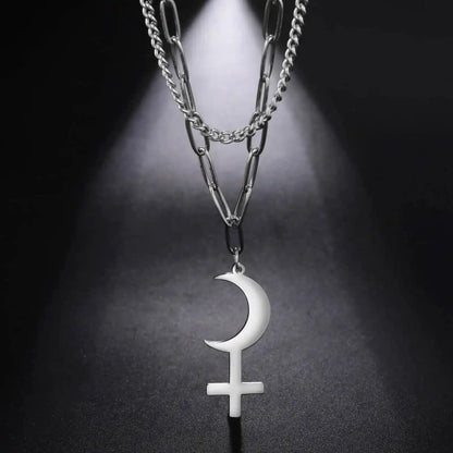Vintage Black Moon Lilith Pendant Necklace Crescent Moon Cross Double Layer Necklace - Pedlar's Attic