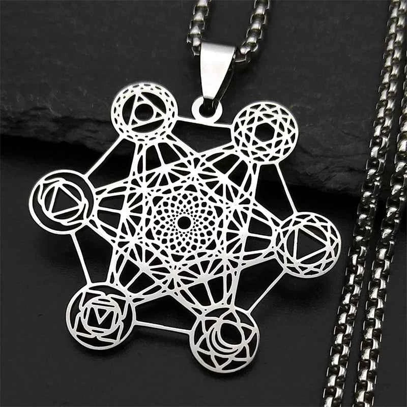 Yoga Hindu Buddhism 7 Chakra Stainless Steel Pendant Necklace Sacred Geometry Hollow Angel Seal Metatron Symbol Chain Jewelry