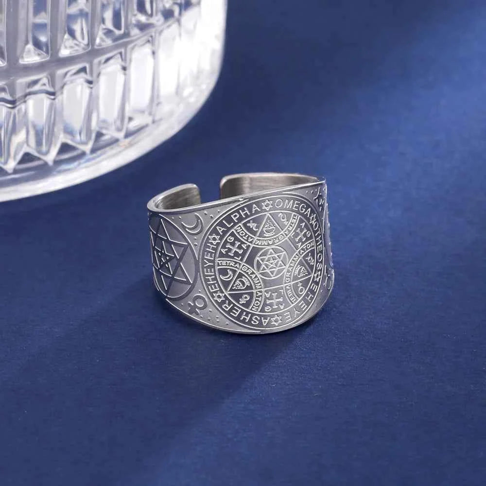 Dawapara Enochian Magic Angel Ring Solomon Kabbalah Protection Amulet Stainless Steel Hexagram Triangle Religious Jewelry