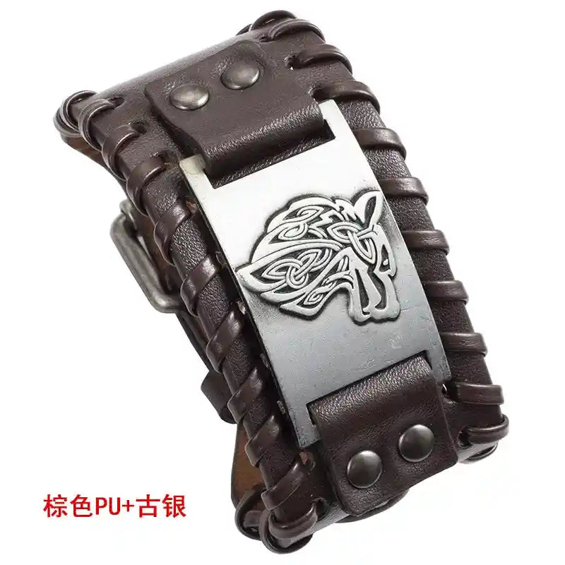 Celtic Wolf Head Braided Leather Bracelet - Nordic Popular Jewelry Retro Viking - Pedlar's Attic
