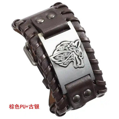 Celtic Wolf Head Braided Leather Bracelet - Nordic Popular Jewelry Retro Viking - Pedlar's Attic